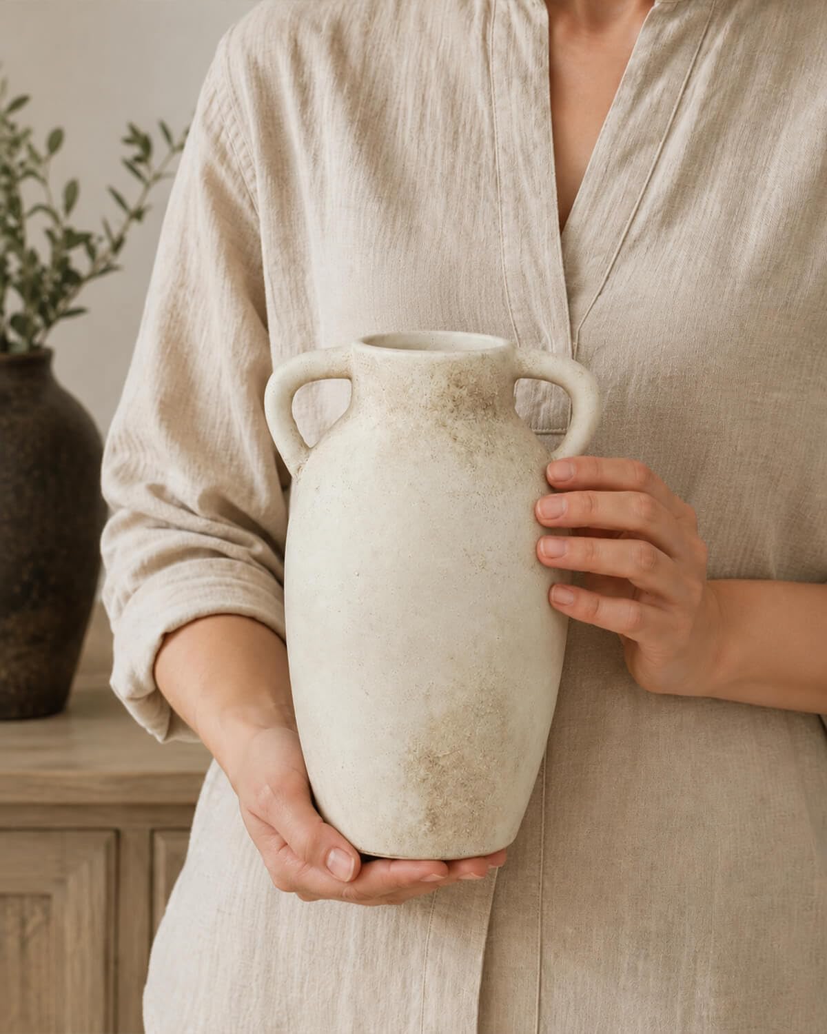 Ceramic Flower Vase Home Decor – 9.8 Inch Pottery Rustic Farmhouse Decorative Vase with Handles for Table Centerpiece, Shelf & Mantel, Beige