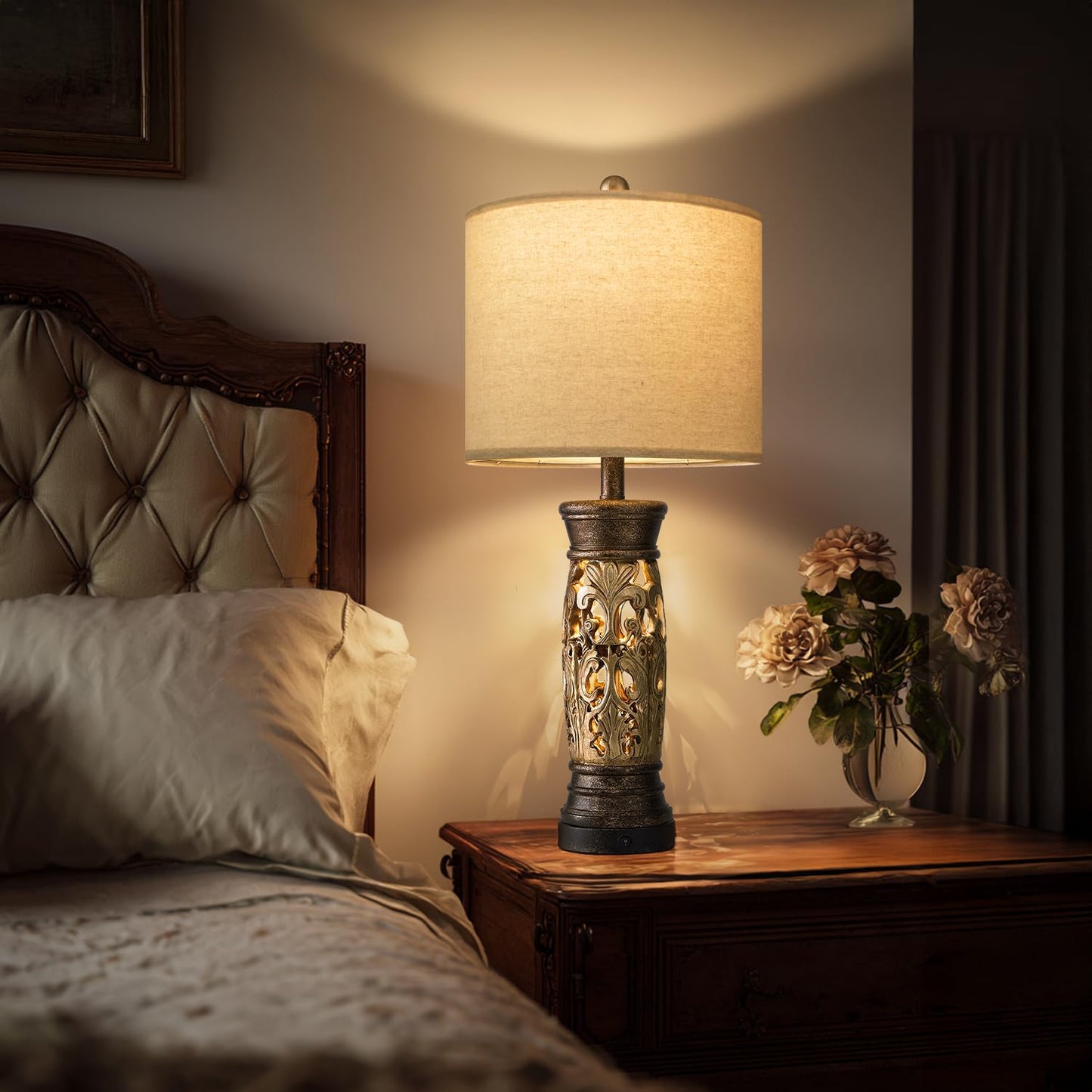 BOBOMOMO 27.25” Antique Gold Table Lamps Set of 2 – Farmhouse Bedside Lamps with Night Light & USB A+C Ports, Vintage Lamps for Bedroom, Living Room, Entryway, Nursery, Reading Nook(Bulbs Included