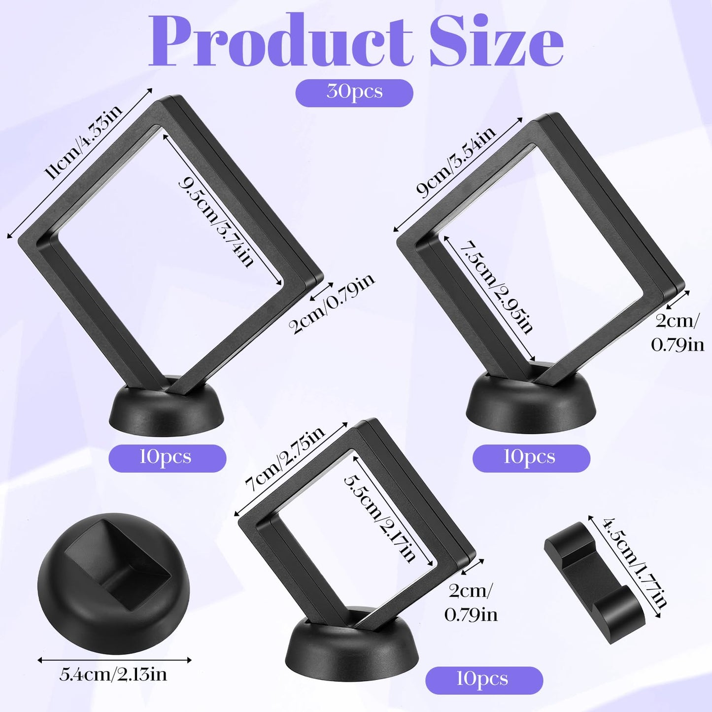 Kegeeei 30 Pack 3D Floating Display Case, Multi-Size Floating Frame Display Stand Holder With Base, Transparent PE Jewelry Storage Box For Challenge Coin, Medal, and Specimen Collection, Black