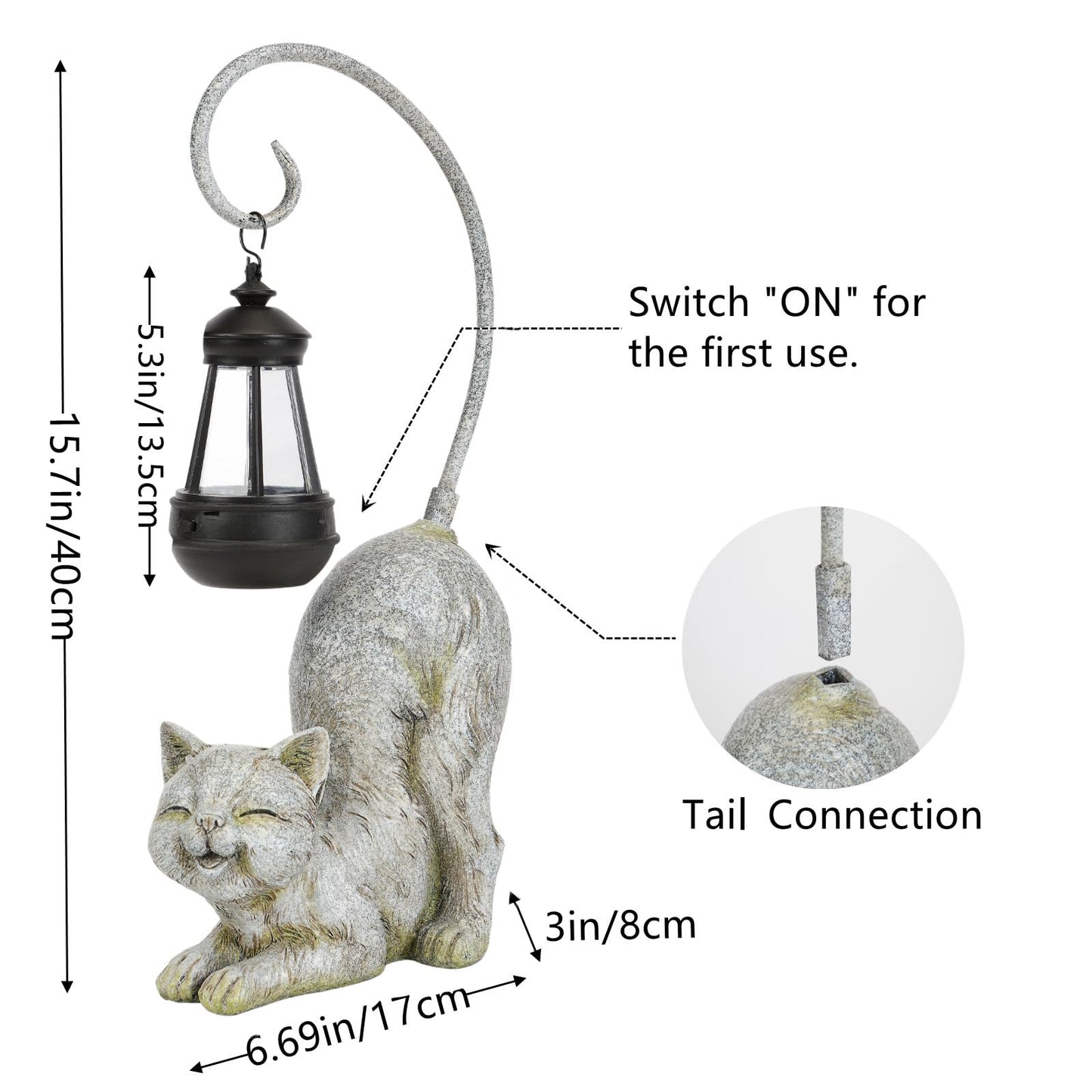 Hapyard Laughing Cat Figurine with Solar-Powered LED Light, 15.7 Inches Tall Marble, Perfect for Gift Garden Decor or Housewarming for Cat Lovers.