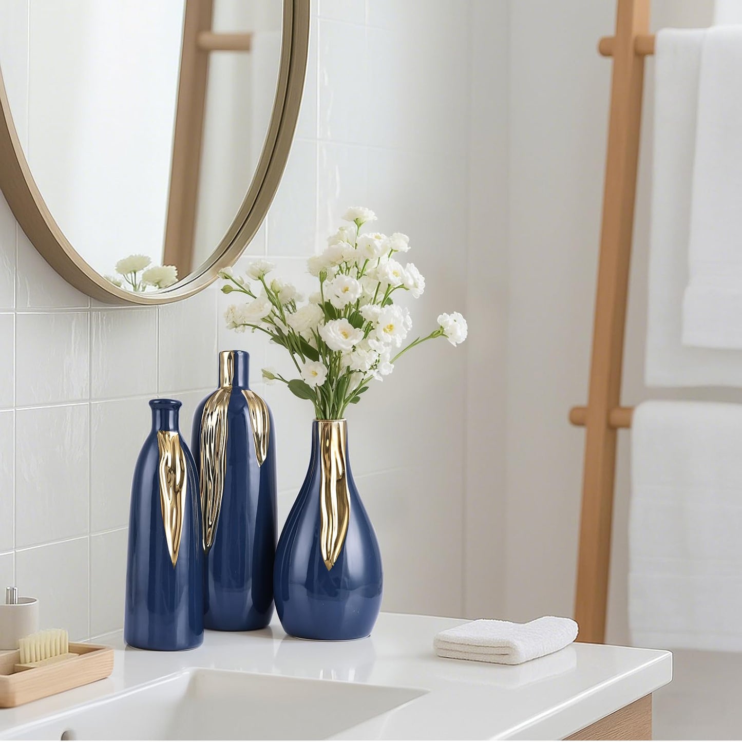 Blue and Gold Vase Set of 3, Modern Ceramic Decorative Vases for Living Room, Bedroom, Art Decor, Mantle, Home Event Decor, Office Decorative, Weddings, Rustic & Farmhouse (Blue Gold)