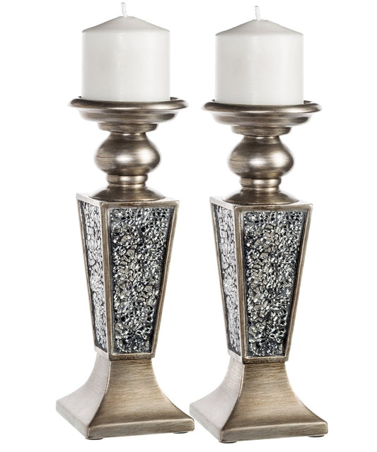 Creative Scents Schonwerk Silver Pillar Candle Holder Set of 2 - Crackled Mosaic Design - Centerpiece Table Decoration - Coffee Table Decor - Decoration Centerpiece for Living/Dining Room - Best Gift