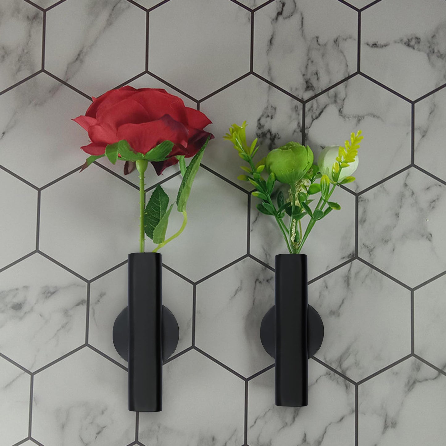 AUXBC 7" Wall-Mounted Flower Tube, Top/Bottom Open Vase, Wall Metal Flower Tube Decoration Holder for Flower Display, Home Office Living Room Bedroom Decoration with Adhesive Material, 2pcs(Black)