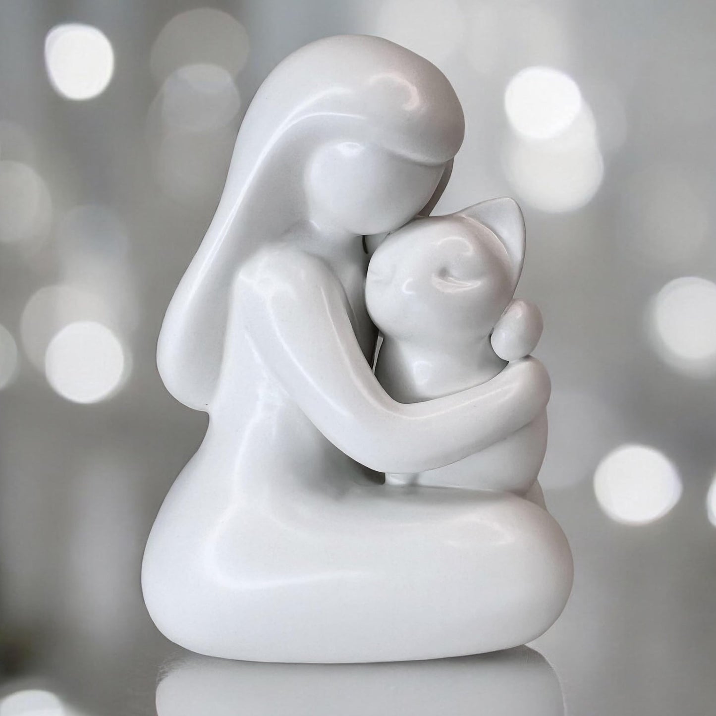 Top Brass Girl Hugging Cat Figurine/Kitty Love Statue – 5” Tall Ceramic Stoneware Simple Modern Pet Friendship Decor