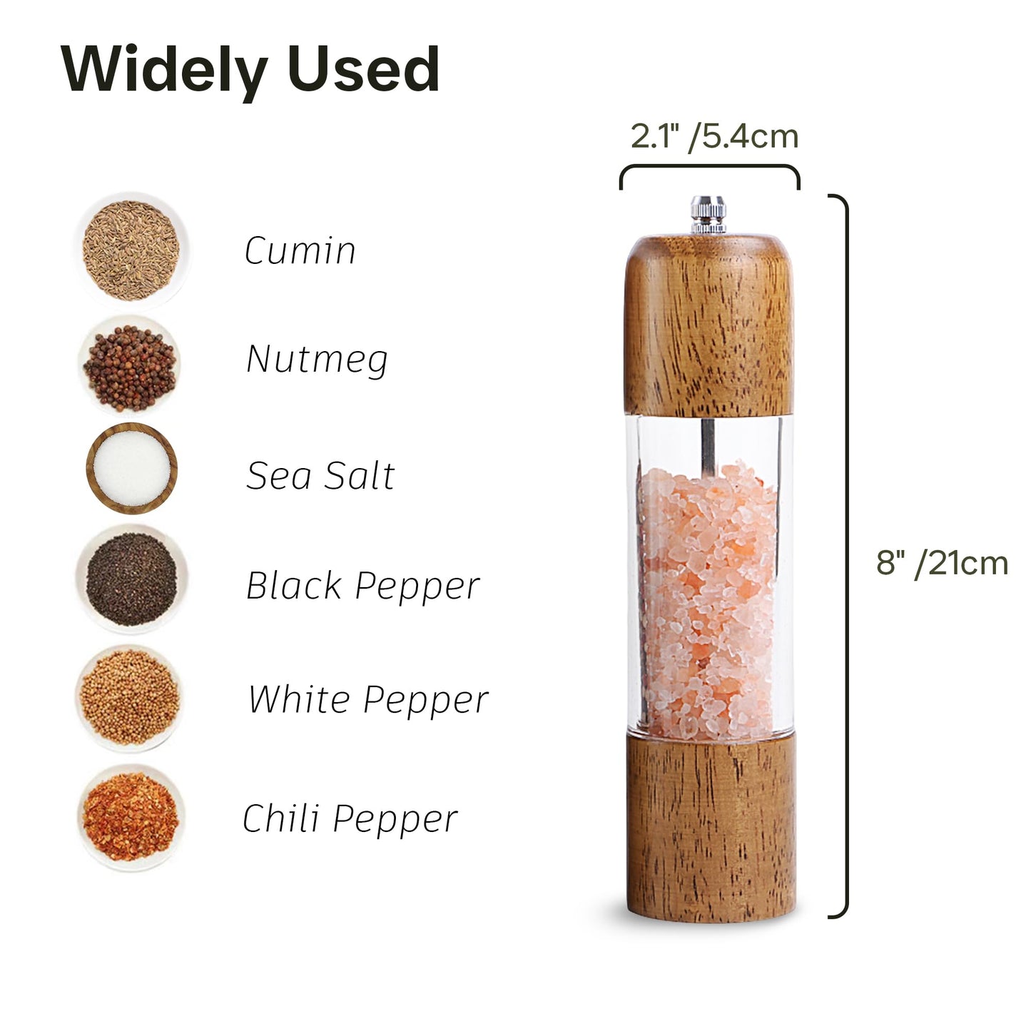 Wood Salt and Pepper Grinder, Manual Premium Acrylic Salt Grinder and Pepper Mill, Oak Wood Shakers with Adjustable Ceramic Grinders, Kitchen Cooking Gifts for Women Mom Men Dad- 8 inches, 1 Pack