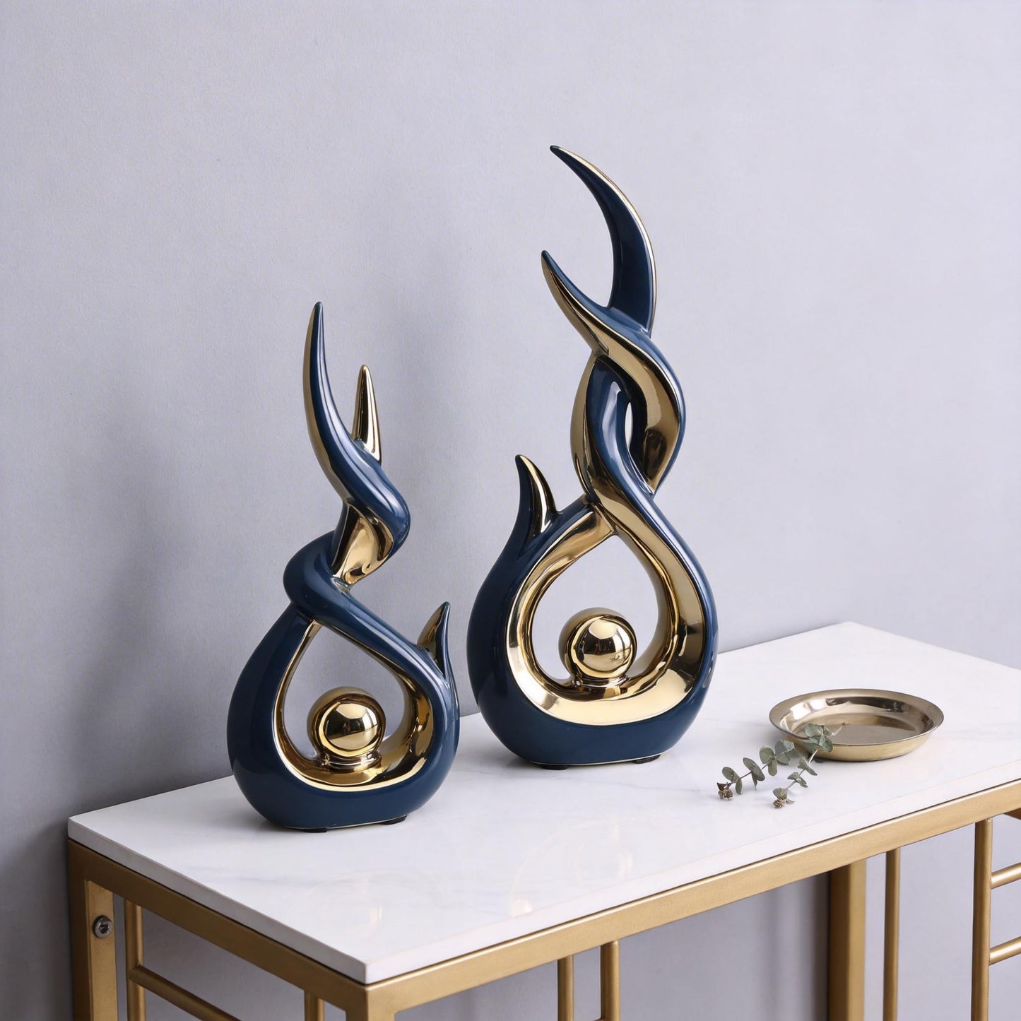 Blue and Gold Ceramic Abstract Sculpture Set of 2 Modern Medieval Style Sculpture Ideal for living room decor Serves as tabletop ornament for coffee tables, TV stands, mantelpieces, and entryways.