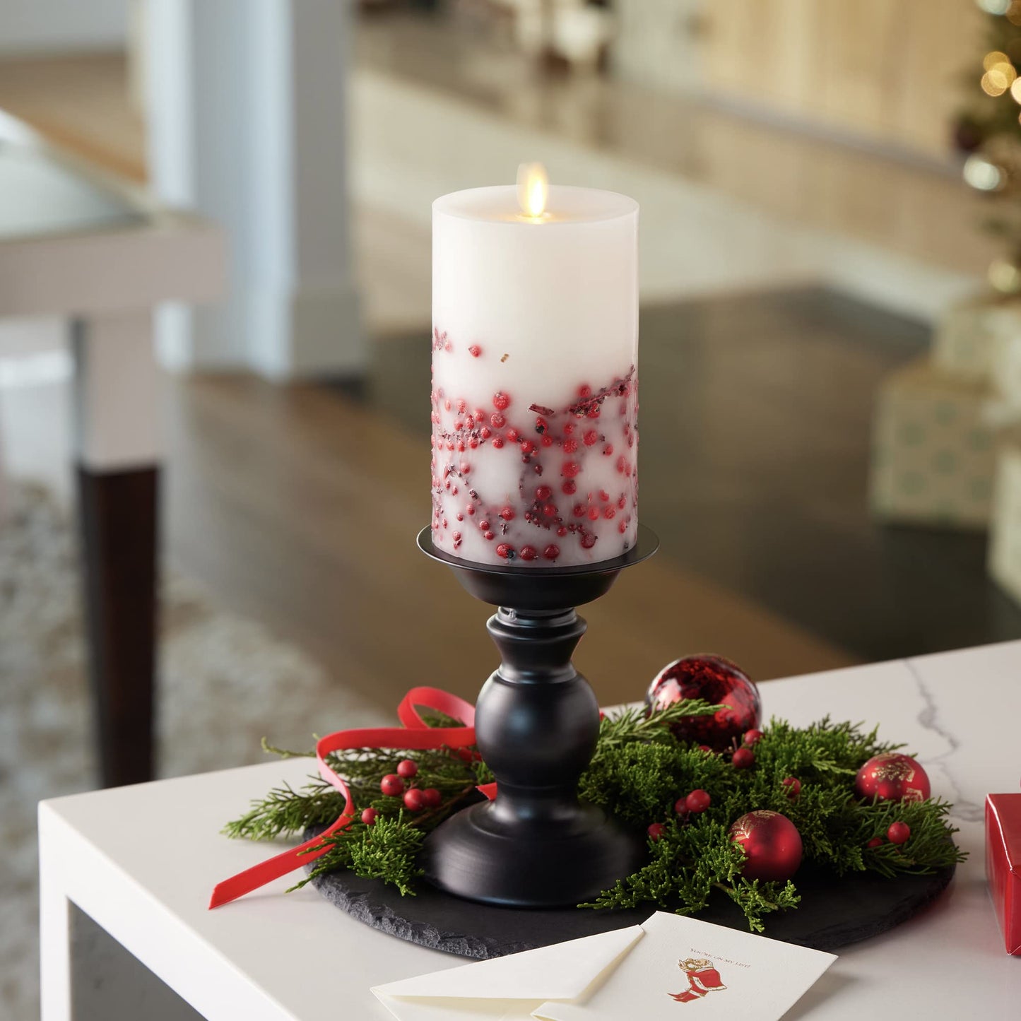 Luminara Embedded Flameless LED Candle - Red Berry 3.5" x 6.5" - Moving Flame Pillar Battery Operated Timer, Real Wax Unscented, Safe