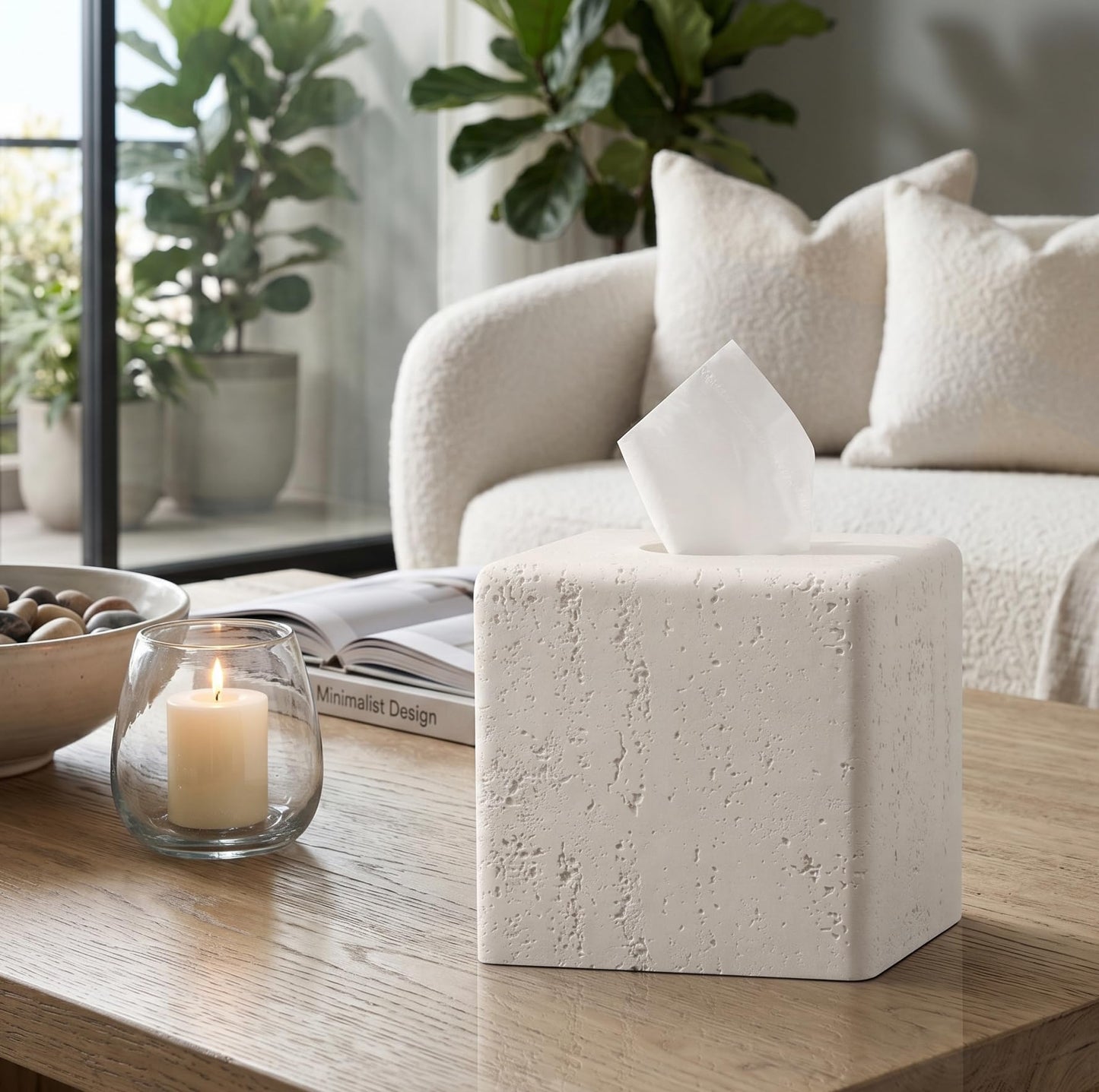 Haocoott Tissue Box Cover Square, Resin Facial Tissue Holder Covers Toilet Paper Holder Decorative Travertine Paper Dispenser Home Decor for Bathroom Bedroom Living Room Office (Off White)