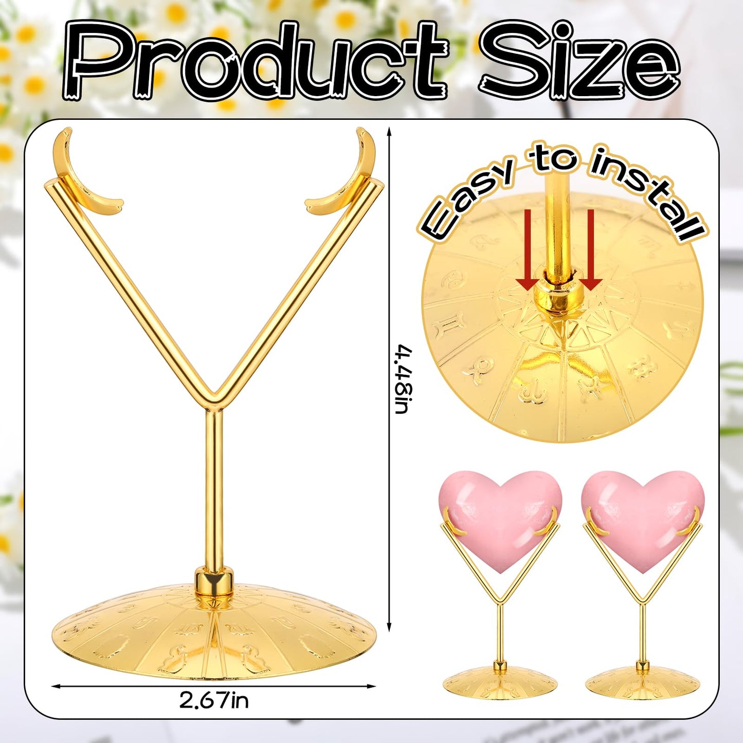 Otoolling Gold 2 Pcs Heart Shape Metal Display Stand Adjustable Golden Rock Display Holder for Gemstones Minerals Agate Slabs Plates Seashell Sphere Crystal Ball Eggs Collectibles