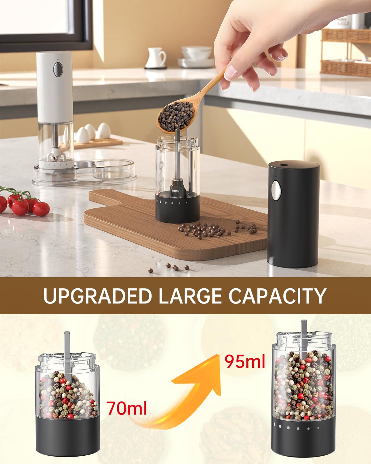 CIRCLE JOY Electric Salt and Pepper Grinder Set Rechargeable Salt and Pepper Mills with 6-Level External Adjustable Coarseness, White LED Light and Storage Base, Black & White