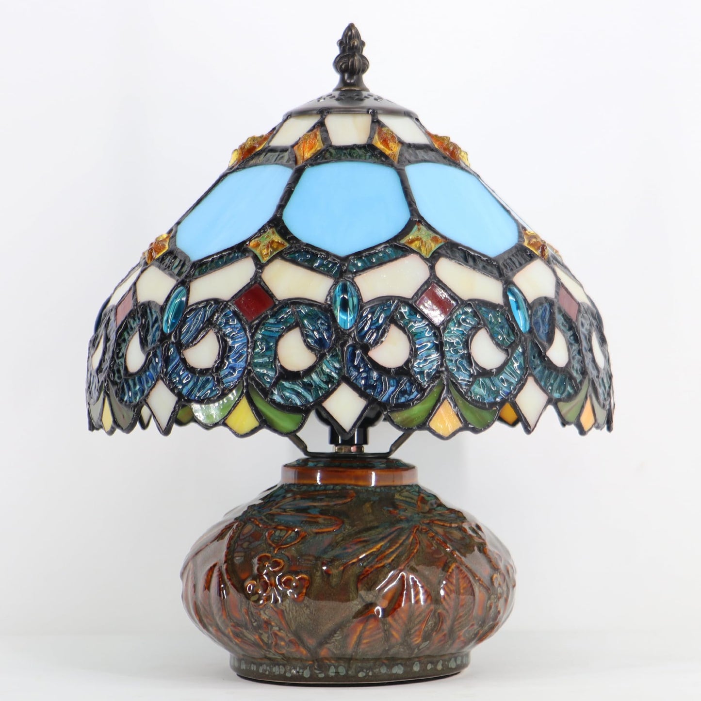 LXHCYOU Small Tiffany Table Lamp, 10X10X11 Inch Mini Stained Glass Mushroom Desk Light Memory Sympathy Ceramic lamp (Sapphire Style)