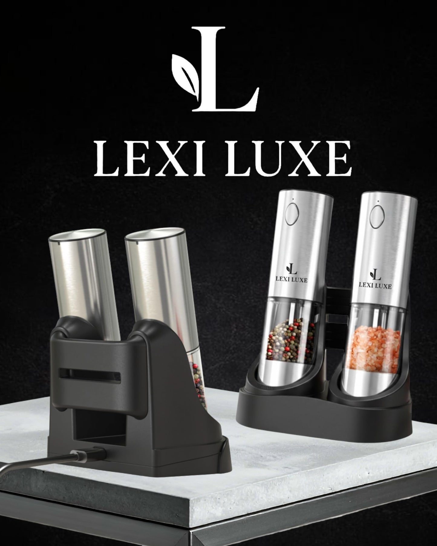 Electric Salt and Pepper Grinder Set, Rechargeable USB-C Automatic Grinder with Charging Base, LED Light, Adjustable Coarseness – Stainless Steel Pepper Mill Set (SILVER)