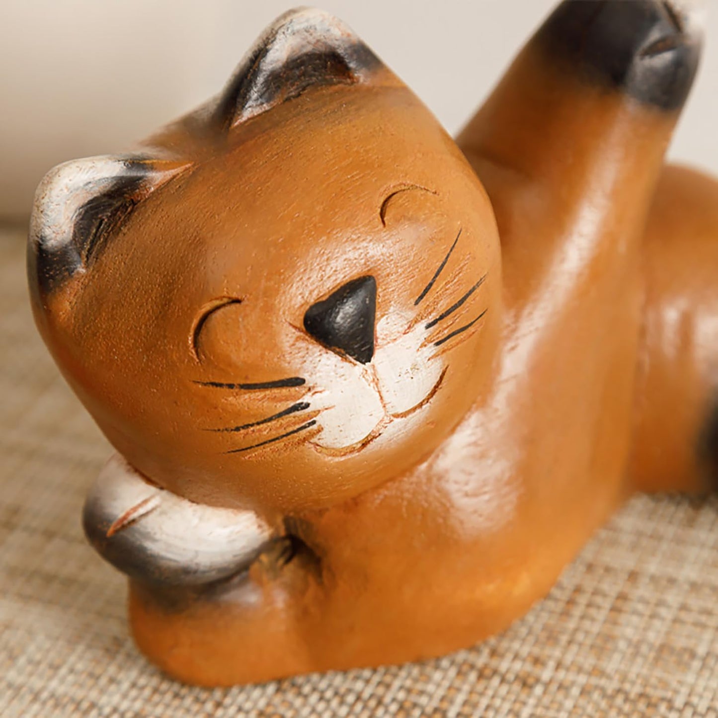AHZGBL Wooden Cat Figurine, Hand Carved Solid Wood Cat Statue from Thailand, Handcrafted Home Decor for Living Rooms, Restaurants, Bars, Cafes, Whimsical Collectibles for Cat Lovers (Welcome Cat)