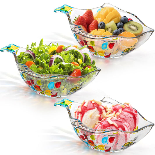 Hedume 3 Pack Hand Painted Colorful Glass Crystal Bowl, 12 OZ Cute Fish Shaped Bowl, Decorative Serving Dish for Salad, Fruit, Snack, Dessert, Candy, Nuts