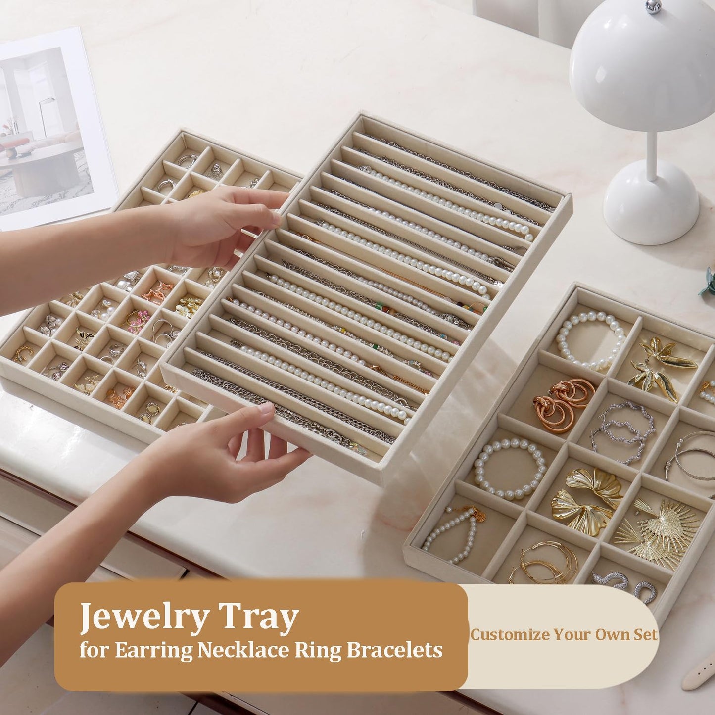 KATISYIO Large Jewelry Drawer Organizer Trays Set of 4, Stackable Velvet Jewelry Trays Organizer Holder Display Storage Showcase for Earring Necklace Bracelet Ring Accessary (Beige, 12+17+24+48 Grids)