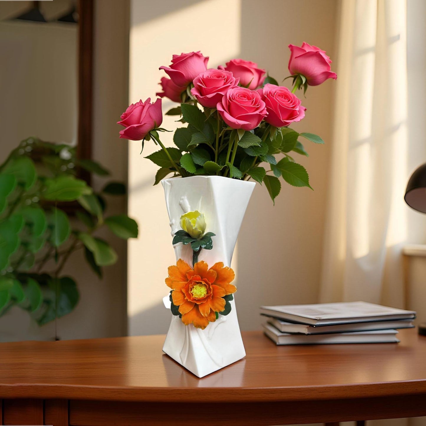 MTME Porcelain vase with Flowers, Memorabilia, Wedding Gifts, Aesthetic Sculpture Home décor (Orange)