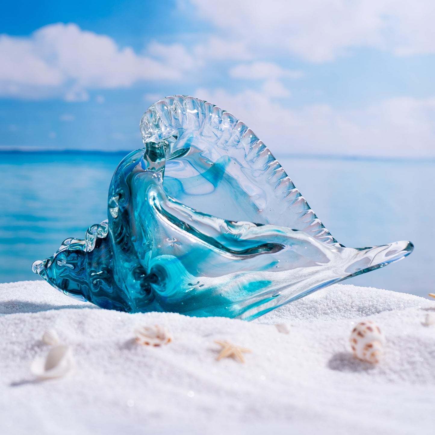 QIANCHANG 8" Blown Glass Conch Shell, Large Blue Glass Seashells Sculpture Table Centerpiece, Coastal Ocean Beach Themed Room Gifts for Women
