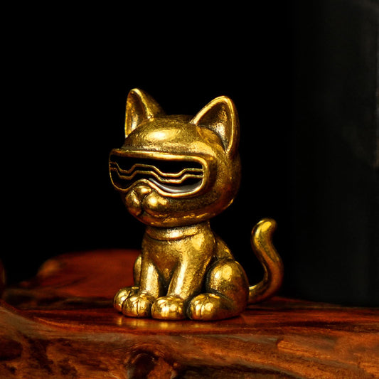 CHOVY 100% Solid Brass Retro Desk Decor - Collectible Figurines of Sunglasses Cat Executing M Project Vintage Animal Sculpture Oddities and Curiosities Handmade Office Artifact for Bookshelf Decor