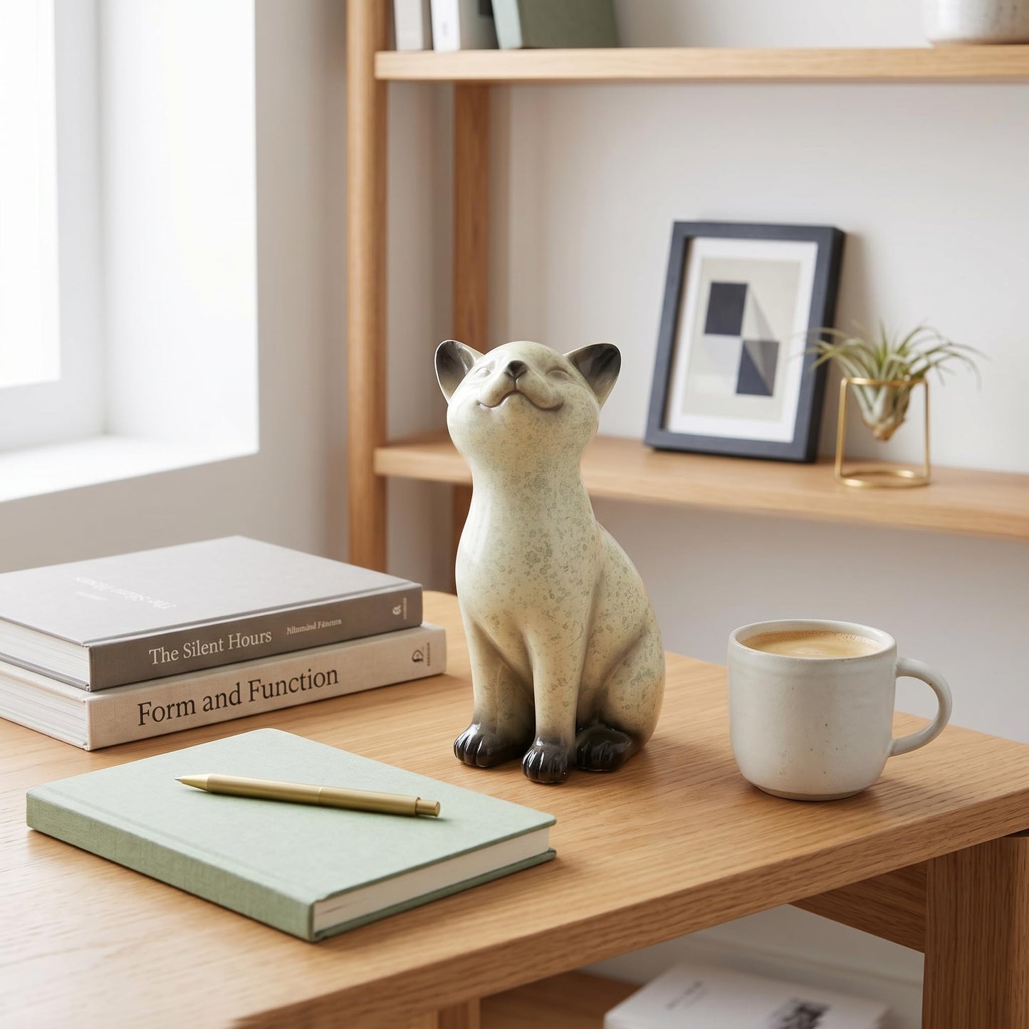 Speckled Resin Cat Figurine, Glossy Sitting Cat Statue, Cream and Black Decorative Cat Sculpture for Bookshelf, Desk, Shelf, Tabletop, Living Room, Office, Bedroom Decor, Gift for Cat Lovers (Cat)