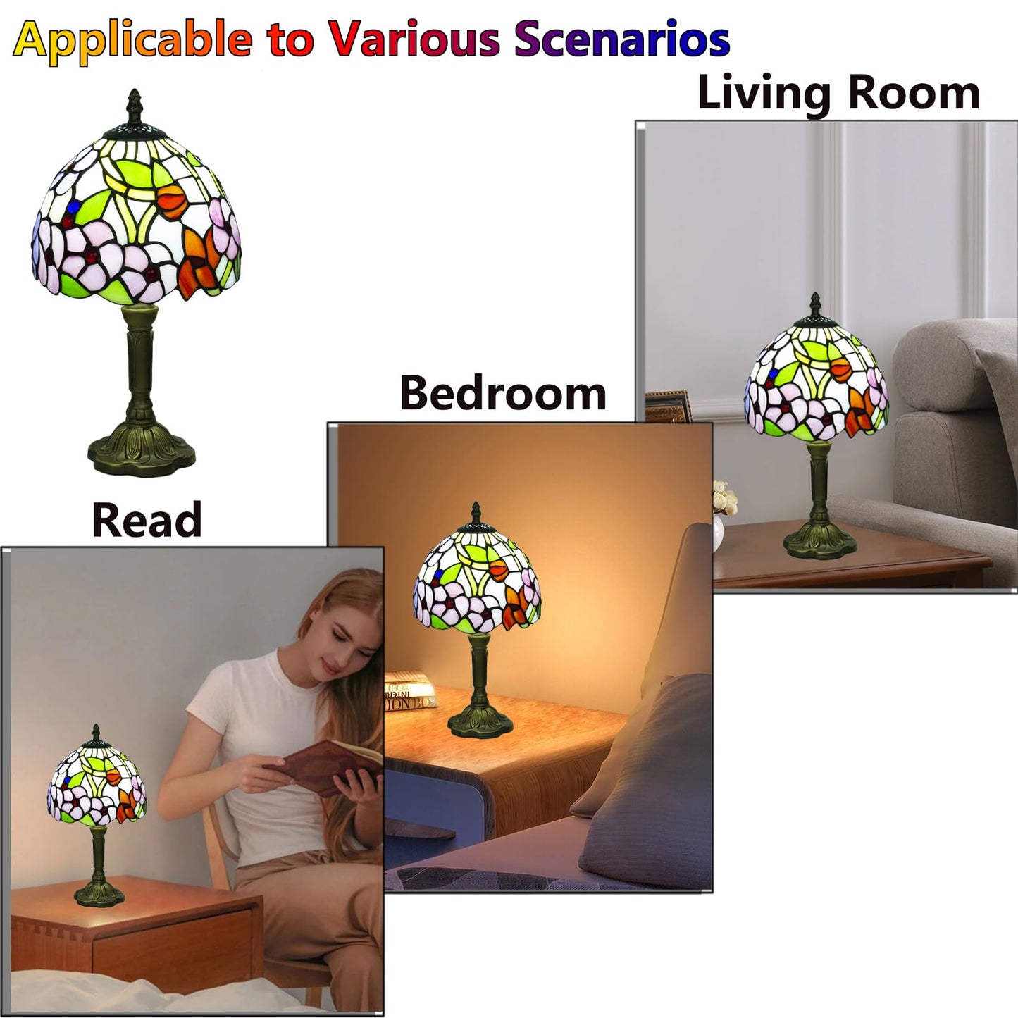 Crefotu Tiffany Style Table Lamp, 3 Color Temperatures Bedside Lamp, 8 Inch Stained Glass Desk Light for Home Office Bedroom Living Room (Four-Leaf Flower Pattern)