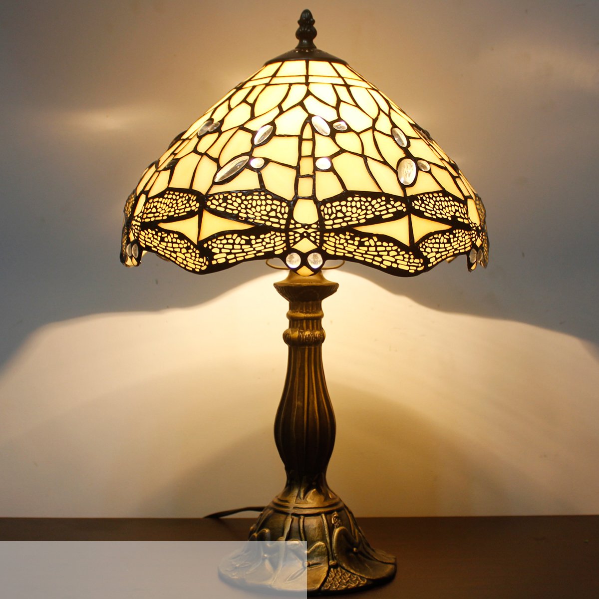 WERFACTORY Tiffany Lamp Cream Stained Glass Dragonfly Bedside Table Lamp
