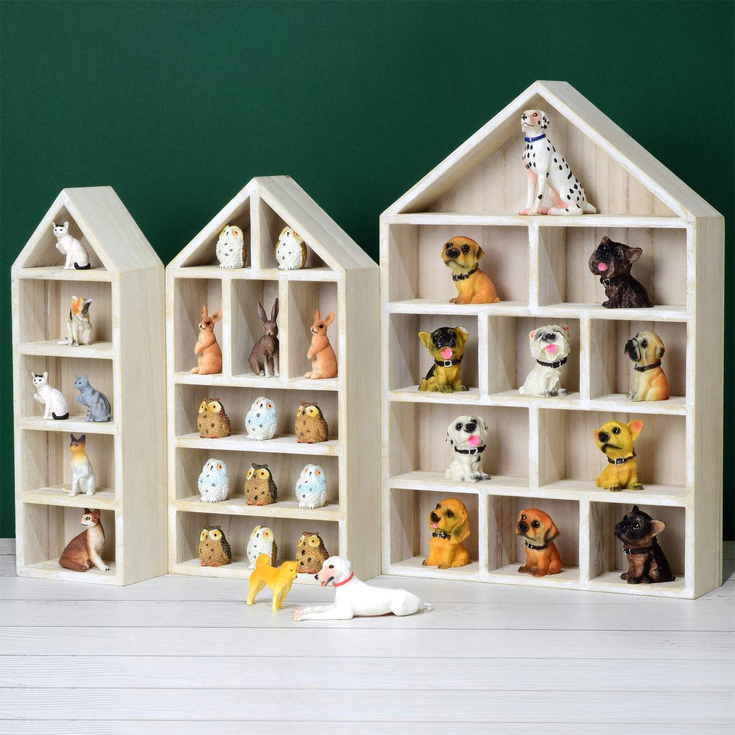 Ikee Design House-Shaped Wooden Shadow Cubby Box Display Shelf Organizer Storage Shadow Box for Mini Figures, Set of 3, Wash White Color, 10 W x 2 1/4 D x 15 H in