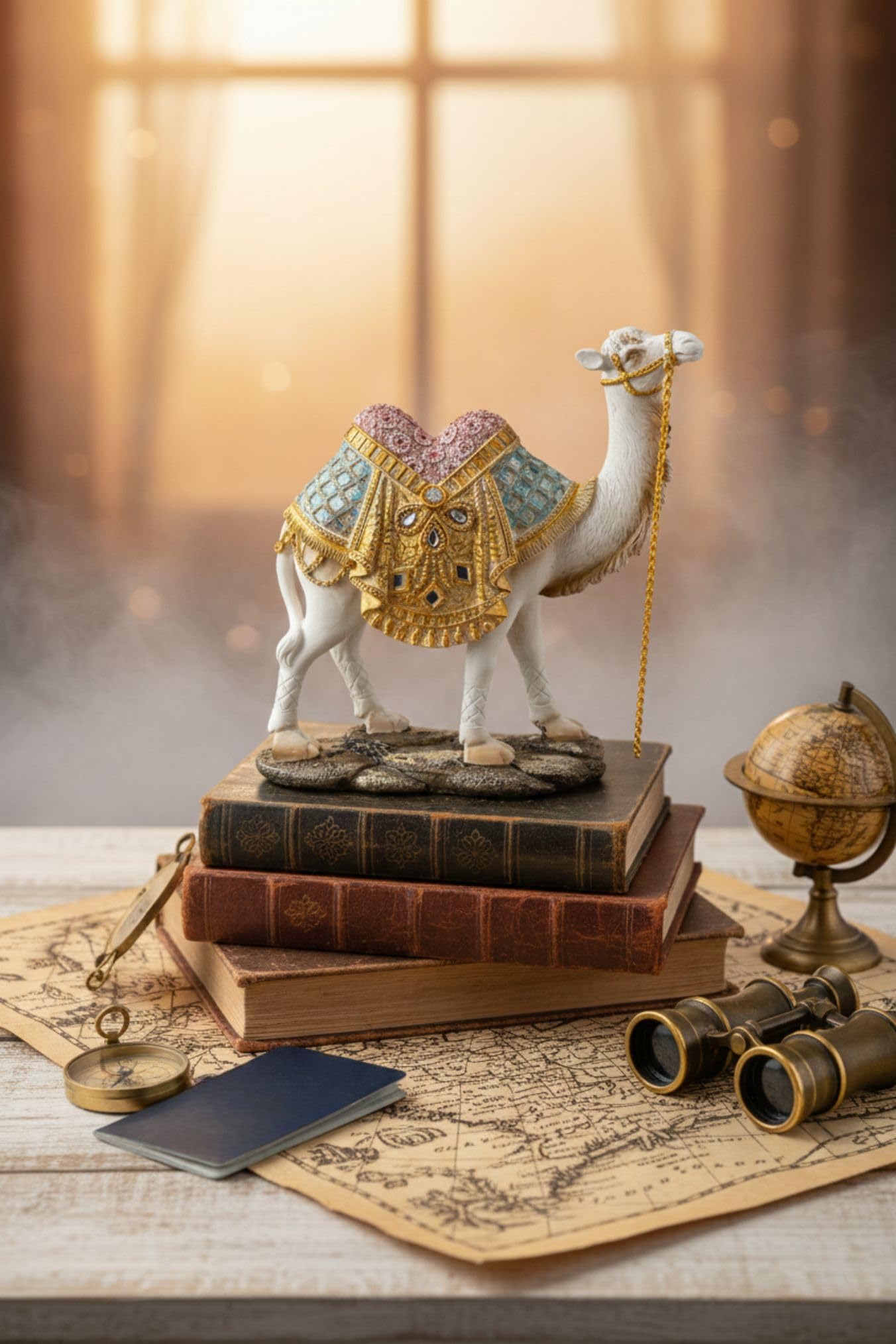 Ornate White Camel Figurine — Decorative Resin Camel Statue with Gold Embellished Saddle & Chain — Luxury Home Décor Accent for Mantel, Shelf, Tabletop (7 × 2.5 × 7.75 in, 1 lb)