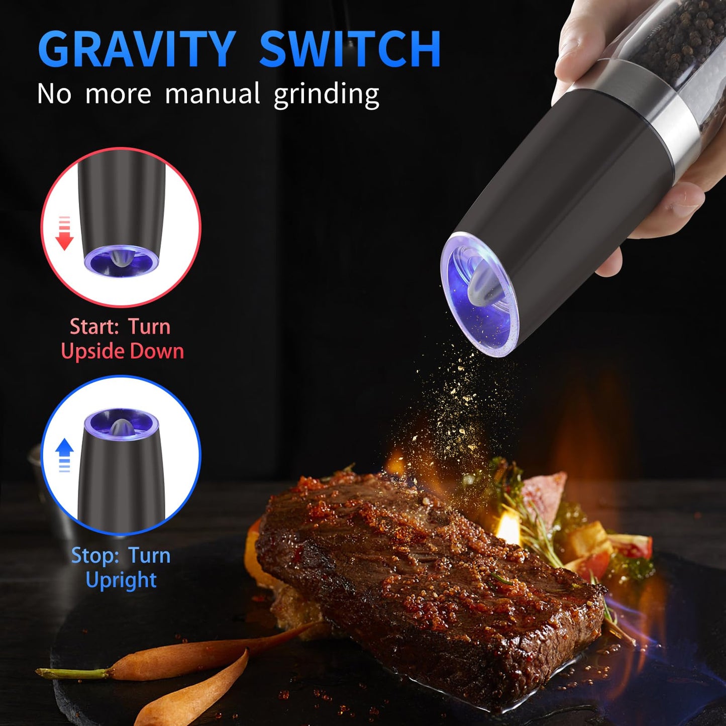 Gravity Electric Salt and Pepper Grinder Set Automatic Salt and Pepper Grinder Set with LED Light, Battery Operated, Adjustable Coarseness, Large Capacity, for Home Kitchen BBQ (Black 2 Pack)