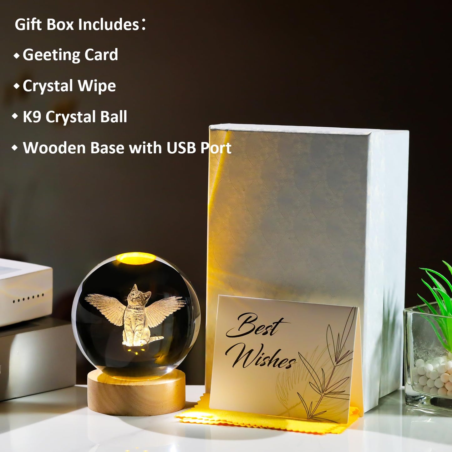 Arikyrist 3D Angel Cat Crystal Ball Figurines Gifts with LED Base for Women Her Mom on Birthday Cat Collectibles Home Decor Unique Lamp for Bedroom