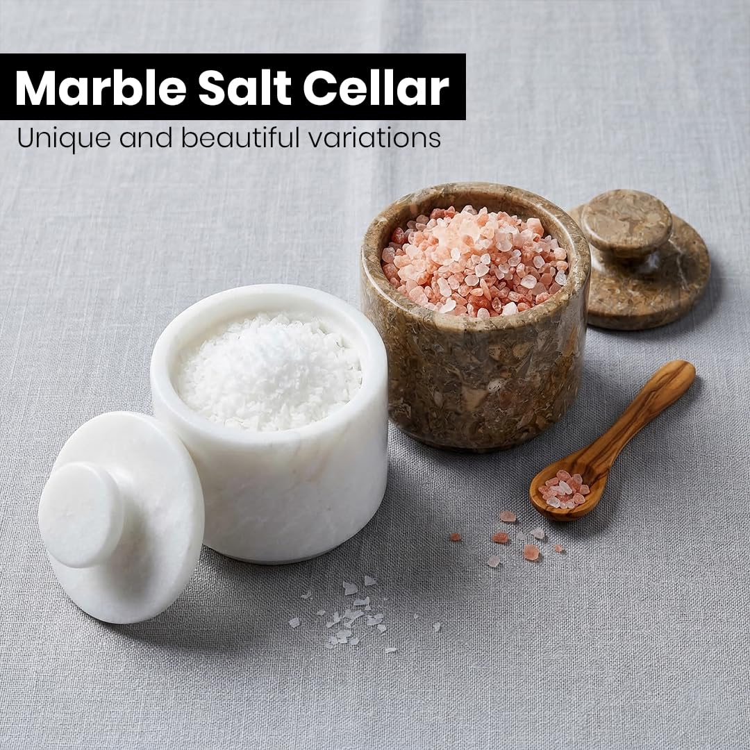 Marble Salt Cellar with Lid - Stone Salt Container for Countertop, Salt Box Keeper for Kitchen Counter, 3.5 oz OceanicX Marble Cellar (White Oceanic)