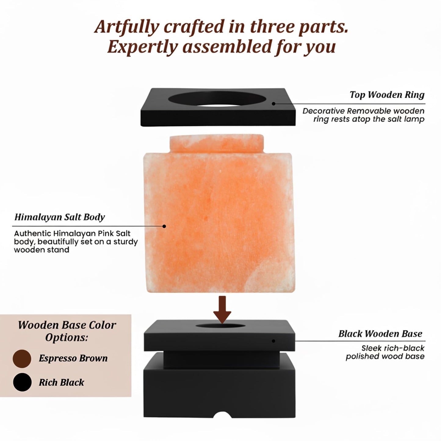 POHS 100% Authentic Himalayan Pink Salt Cube Lamp with Black Wooden Base, Dimmer Switch Cord and Two Bulbs, Night Light for Home and Office Table and Desk, Gift and Decor
