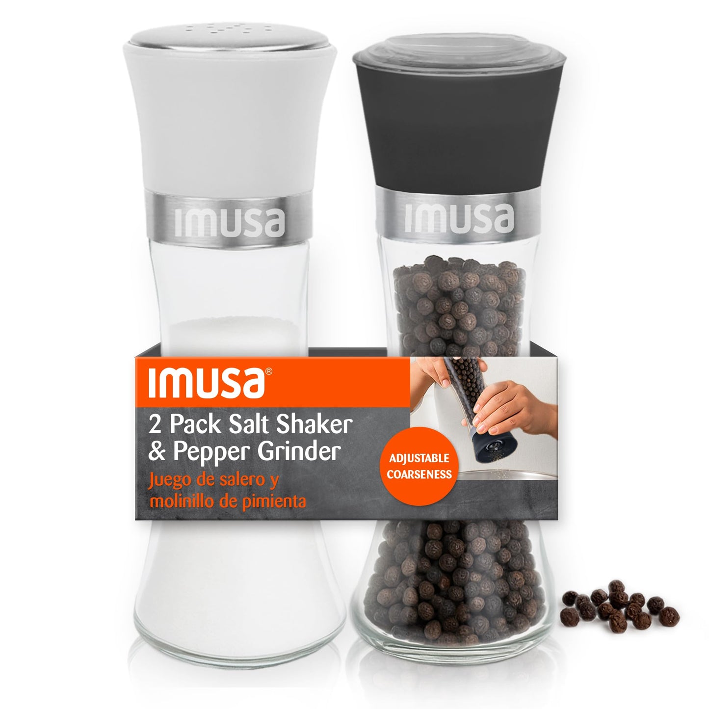 IMUSA Salt Shaker and Pepper Grinder Set – 2 Pack Glass Salt Shaker and Pepper Mill Set, Manual Adjustable Ceramic Core Pepper Grinder, 6 oz Capacity, Refillable Salt and Pepper Set for Kitchen
