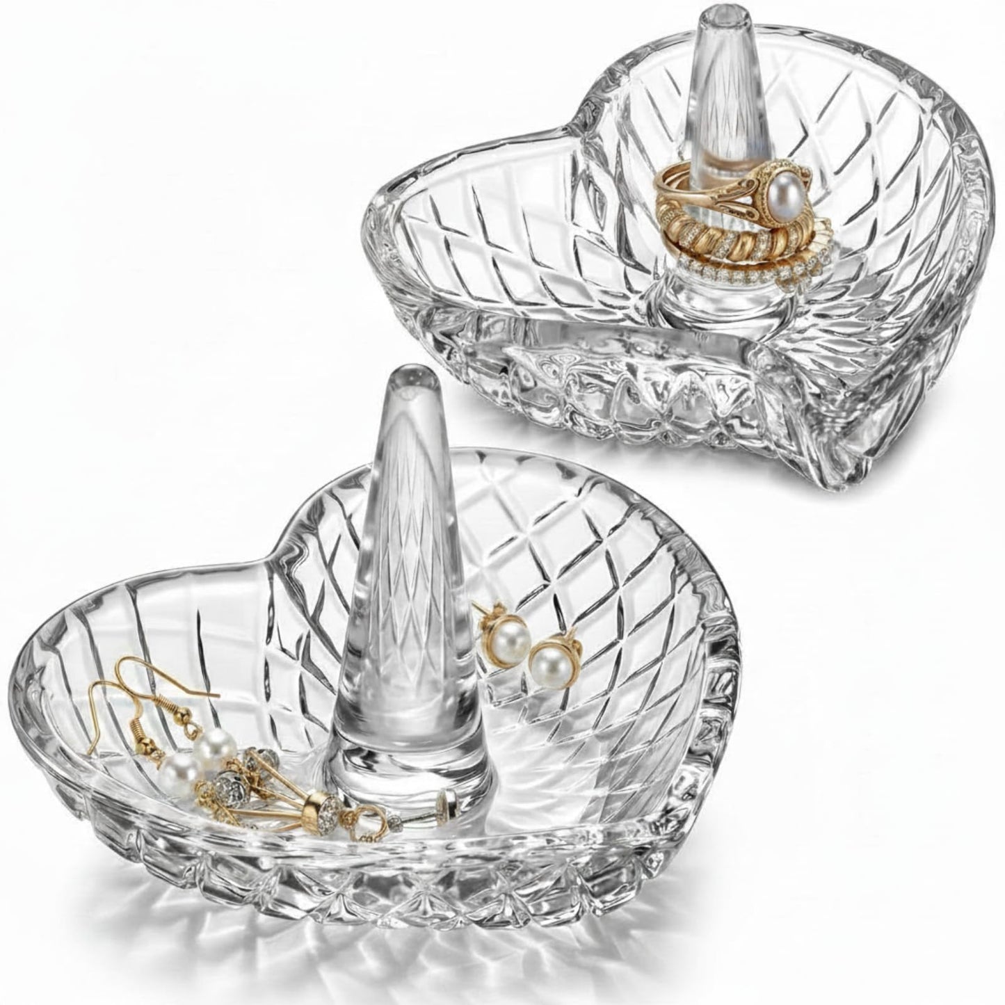 Yiyiring 2 Pack Heart Shaped Ring Holder Dish for Women, Crystal Glass Jewelry Tray for Wedding, Engagement, Bathroom Sink, Nightstand, Gift for Mom Wife Girlfriend