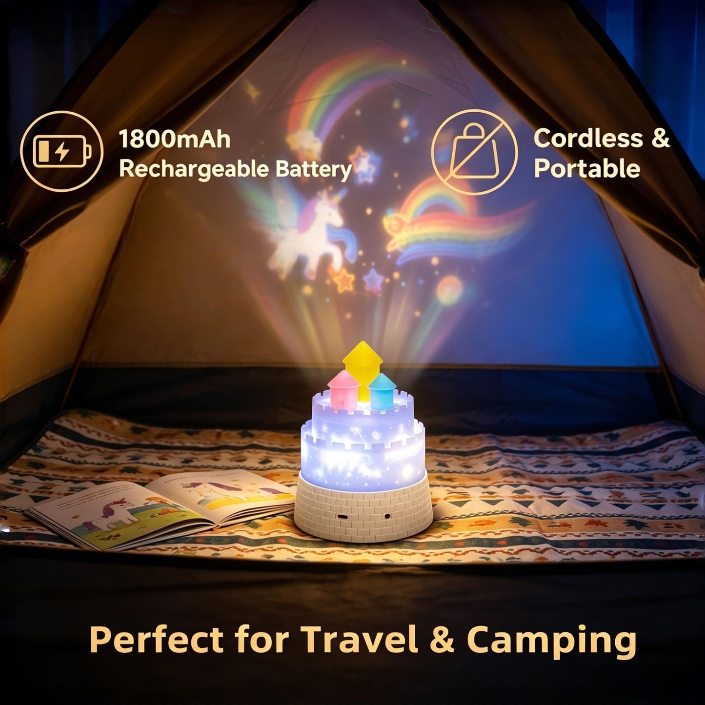 Projection Night Lights for Kids, 3-in-1 Carousel Star Nightlight for Bedroom, 23 Soothing Films with 12 Lullabies, Portable Rechargeable 1800mAh Rotating Night Light with Remote, Auto-Off Timer