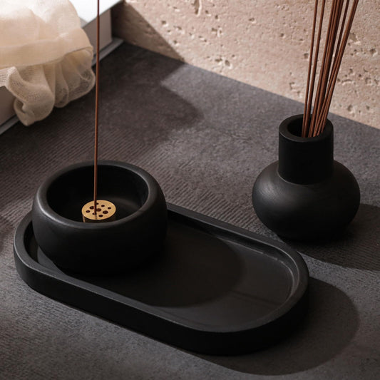 Concrete Incense Burner Set with Holder and Tray,Multifunction Incense Holder for Burning Sage,Palo Santo,Incense Sticks,Ideal for Meditation Home Decor(Black)