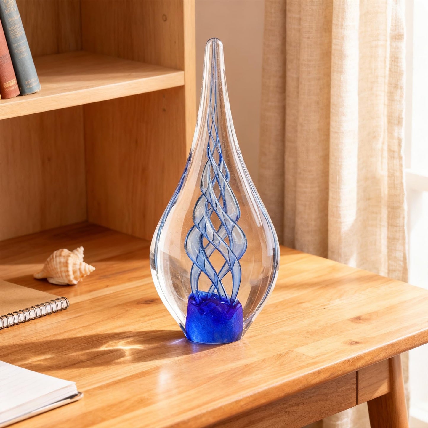 9" Tall Sculpture Hand Blown Glass Decor, Paperweight for Office Desk, Modern Glass Art Figurines Mediterranean Beach House Decor, Living Room Coffee Shelves Table Top Decoration (Swirl Blue)