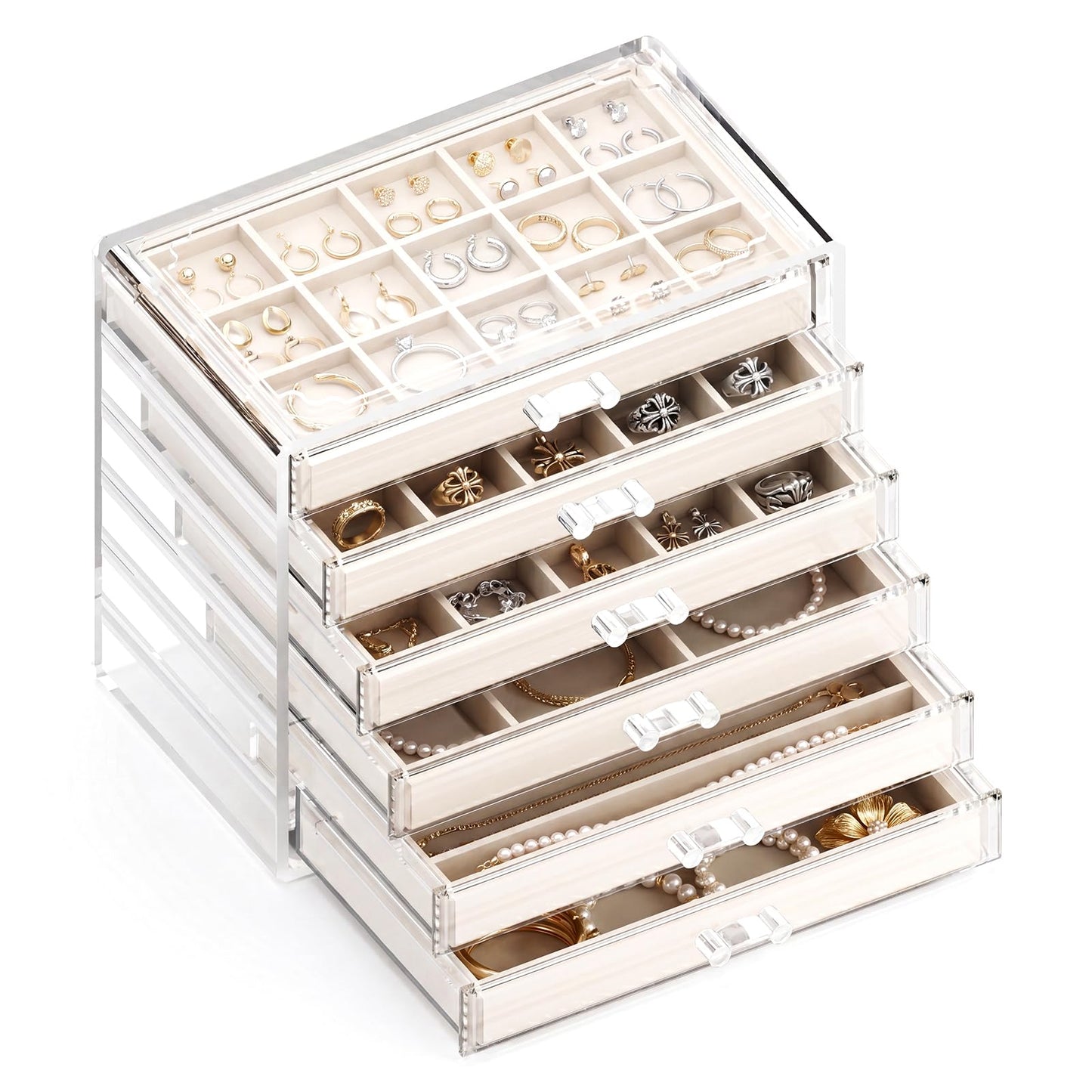 GlowSai Clear Jewelry Organizer Earring Holder Organizer, Jewelry Box with 6 Drawers Clear Acrylic Stackable Earring Case with Adjustable Velvet Trays for Women and Girls, Warm White