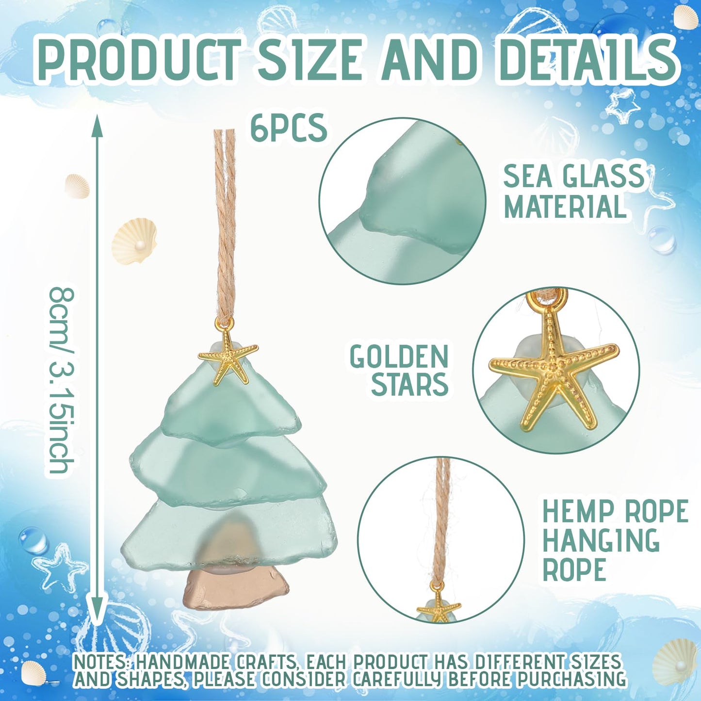 Yookeer 6 Pcs Sea Glass Christmas Tree Ornaments Handmade July in Christmas Sea Glass Xmas Tree Ornament Pendant Blue Beach Seaglass Hanging Ornament Crystal Xmas Decoration for Centerpiece Home Decor