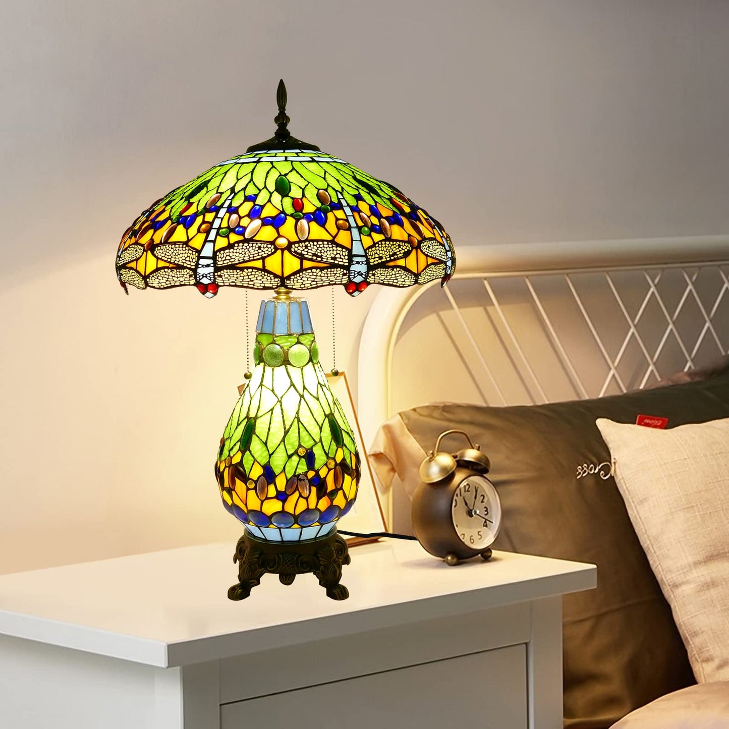 VirtueKing Tiffany Style Table Lamp Green Dragonfly Tiffany Lamp Handmade Stained Glass Lamp 18x18x27 Inches Desk Reading Light for Bedroom Living Room Home Office Decoration, LED Bulb Included