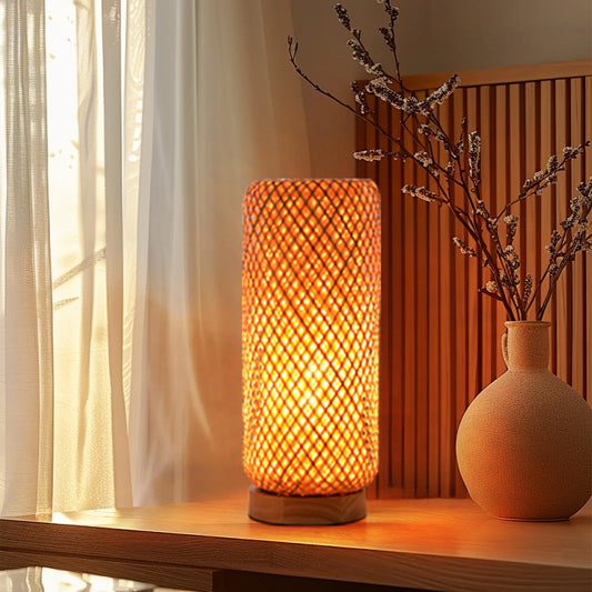 Hodevimall Bamboo Table Lamp，Boho Rattan Bedside Lamp for Bedroom, Vintage Wicker Wooden Nightstand Lamp Shade Rustic Farmhouse Indirect Lighting Accent Light Decor for Living Room