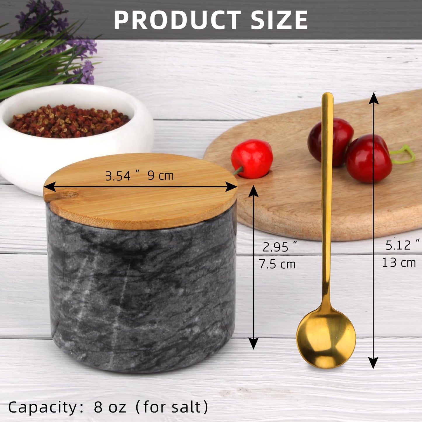 HESHIBI Marble Salt Cellar Box with Bamboo Lid & Metal Spoon, Modern Stone Salt or Pepper Sugar Spice Seasoning Bowl Container Jar Holder Well Keeper Dish Pig Crock for Kitchen (Dark Grey)