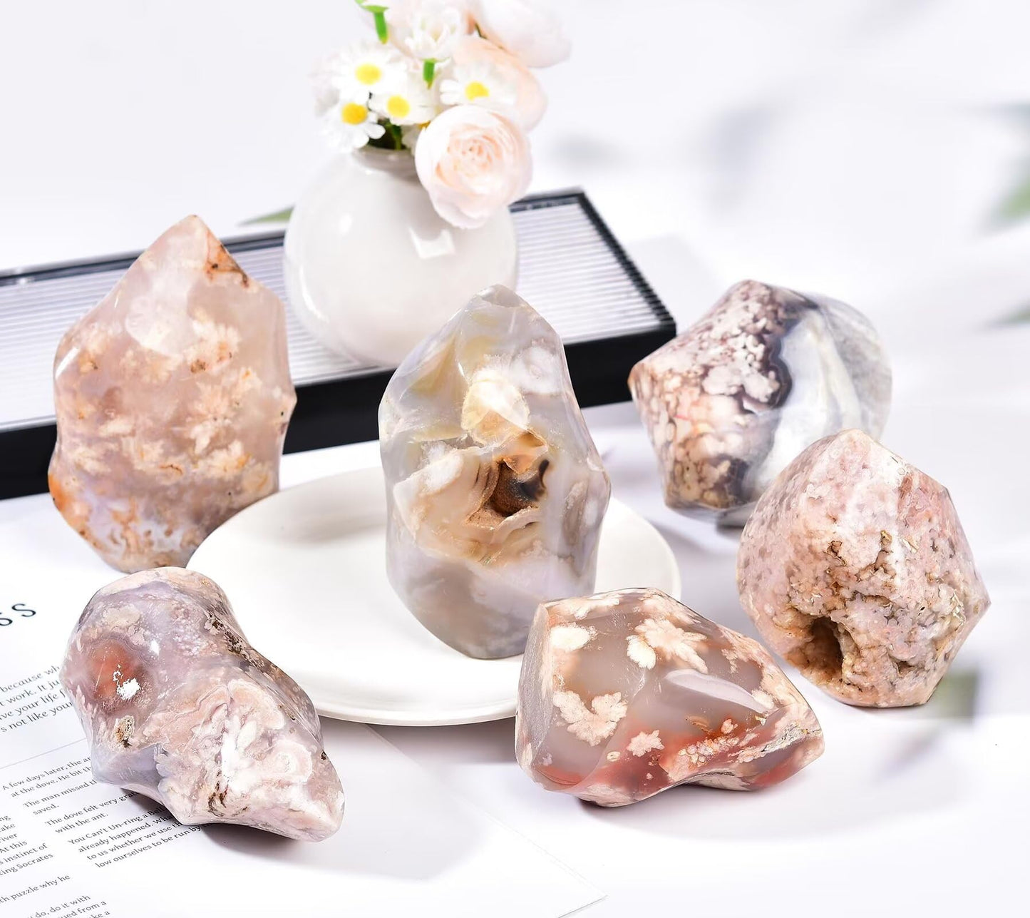 AMOYSTONE Cherry Blossom Agate Flame Shaped Stone Towers Obelisk Flower Agate Natural Healing Crystal Quartz Reiki Energy Decoration Home Office 1.0-1.5LBS