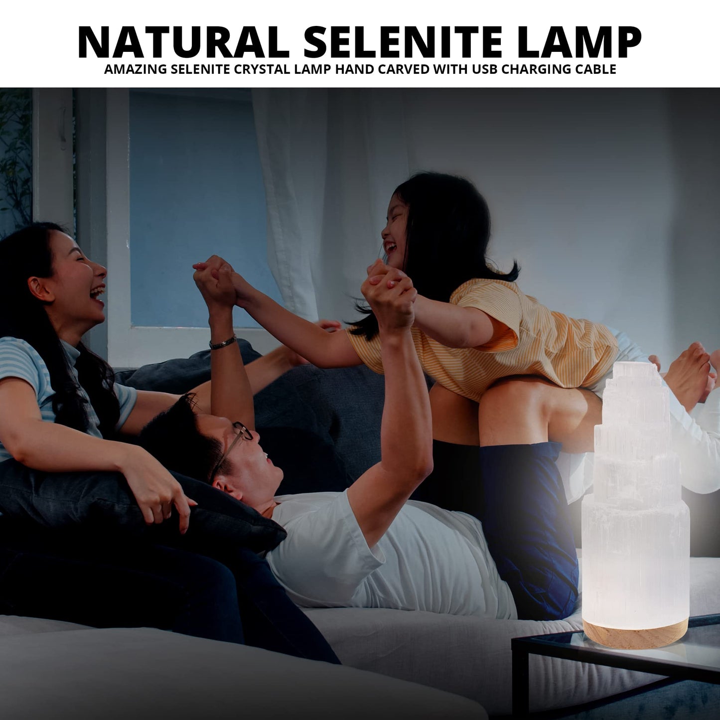 NORTHLANDZ Selenite Crystal Lamp 20cm, Hand Crafted Wooden Base Moroccan Lamp, Selenite Lamp for Smudging, Healing & Meditation, Best for Gift (ETL Certified)