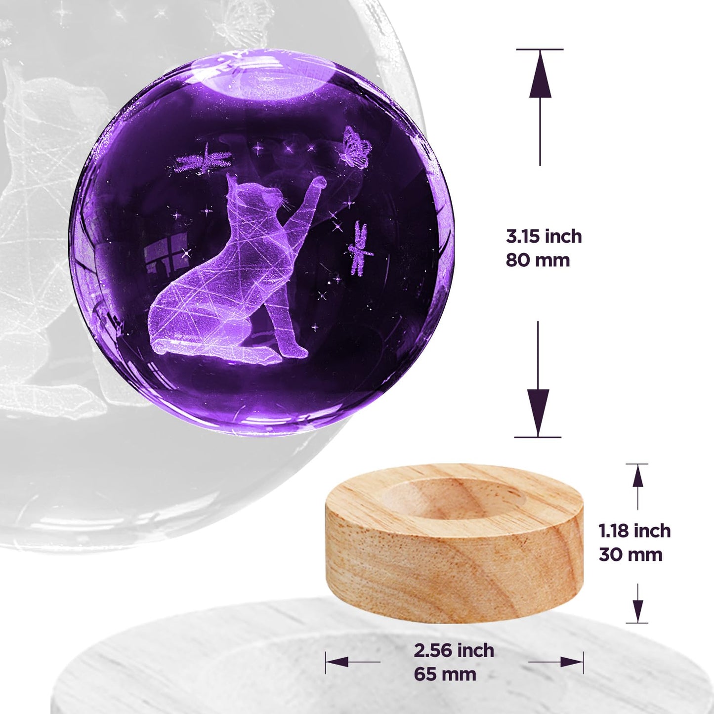 PYMIN3D 3D Crystal Cat Ball Night Light 3.15in K9 Lamp With 16 Colors Change Wooden Base and Remote Control Christmas Gifts for Cat Lovers Girl Women Friends