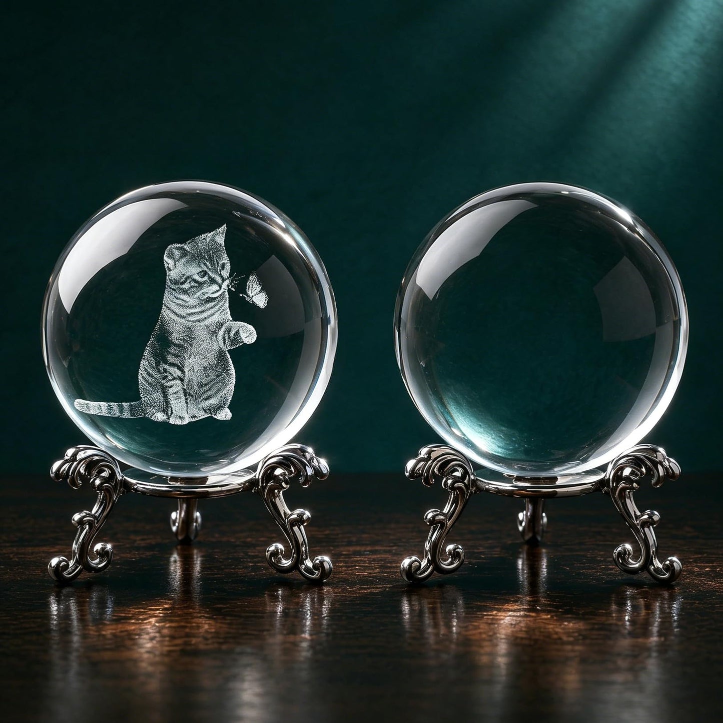 vskikris 2-Piece 3D Laser Cat Crystal Ball Paperweight with Silver Stand