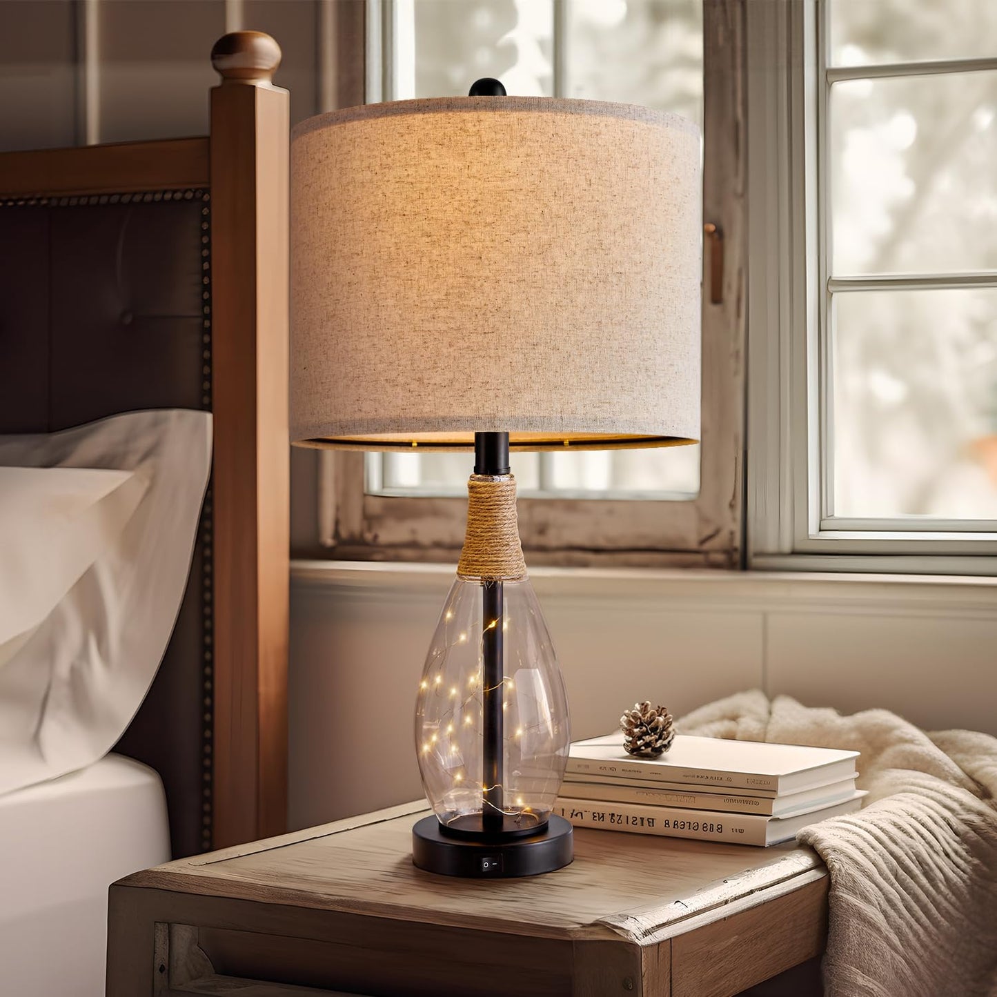 OYEARS Bedside Table Lamp with USB, 23‘’ Black Modern Nightstand Lamps for Bedroom, Retro Rattan Table Lamps for Night Stands, Living Room, Farmhouse Table Lamp with Glass Nightlight Lamps