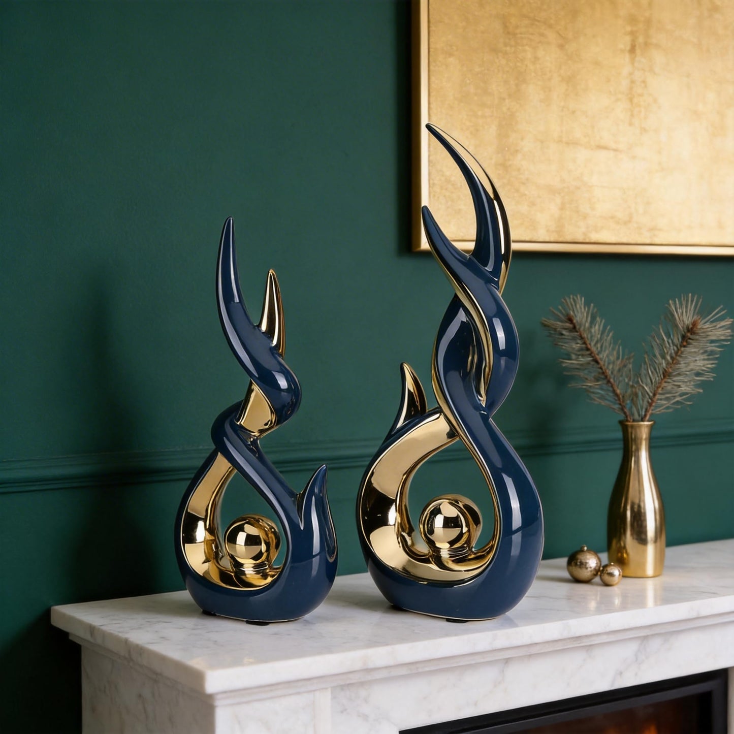 Blue and Gold Ceramic Abstract Sculpture Set of 2 Modern Medieval Style Sculpture Ideal for living room decor Serves as tabletop ornament for coffee tables, TV stands, mantelpieces, and entryways.