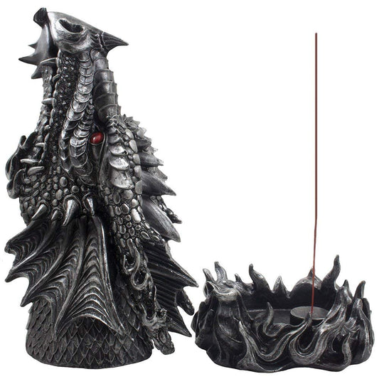 Mythical Fire Breathing Dragon Incense Holder & Burner Combo Statue for Sticks or Cones with Decorative Display Stand of Flames As Gothic Home Decor Aromatherapy Sculptures and Medieval Fantasy Gifts