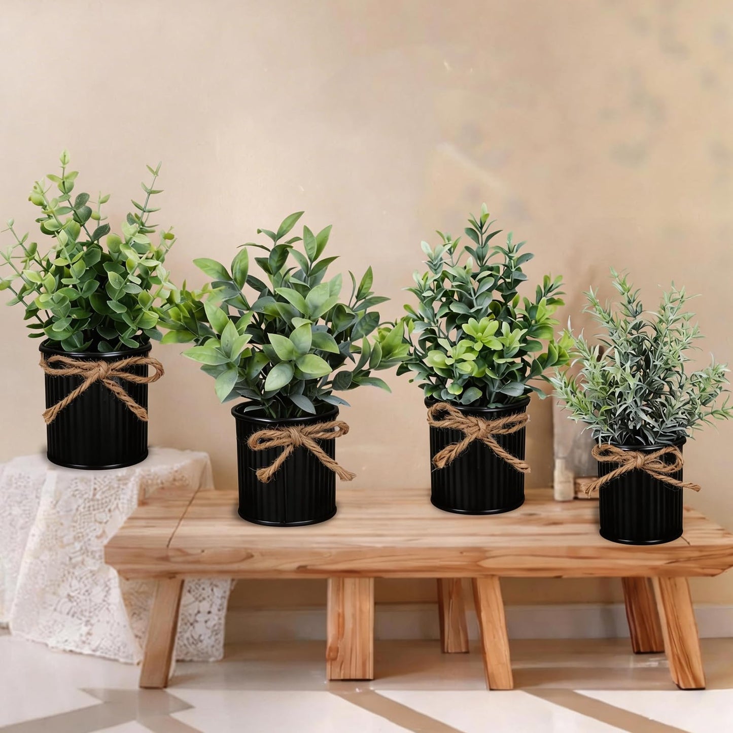 Yoratee 4 Potted Artificial Plants Metal Fake Potted Plant with Iron Pot Mini Greenery Decor Small Faux Plants for Indoor Farmhouse Home Porch Garden Bathroom Room Décor Black
