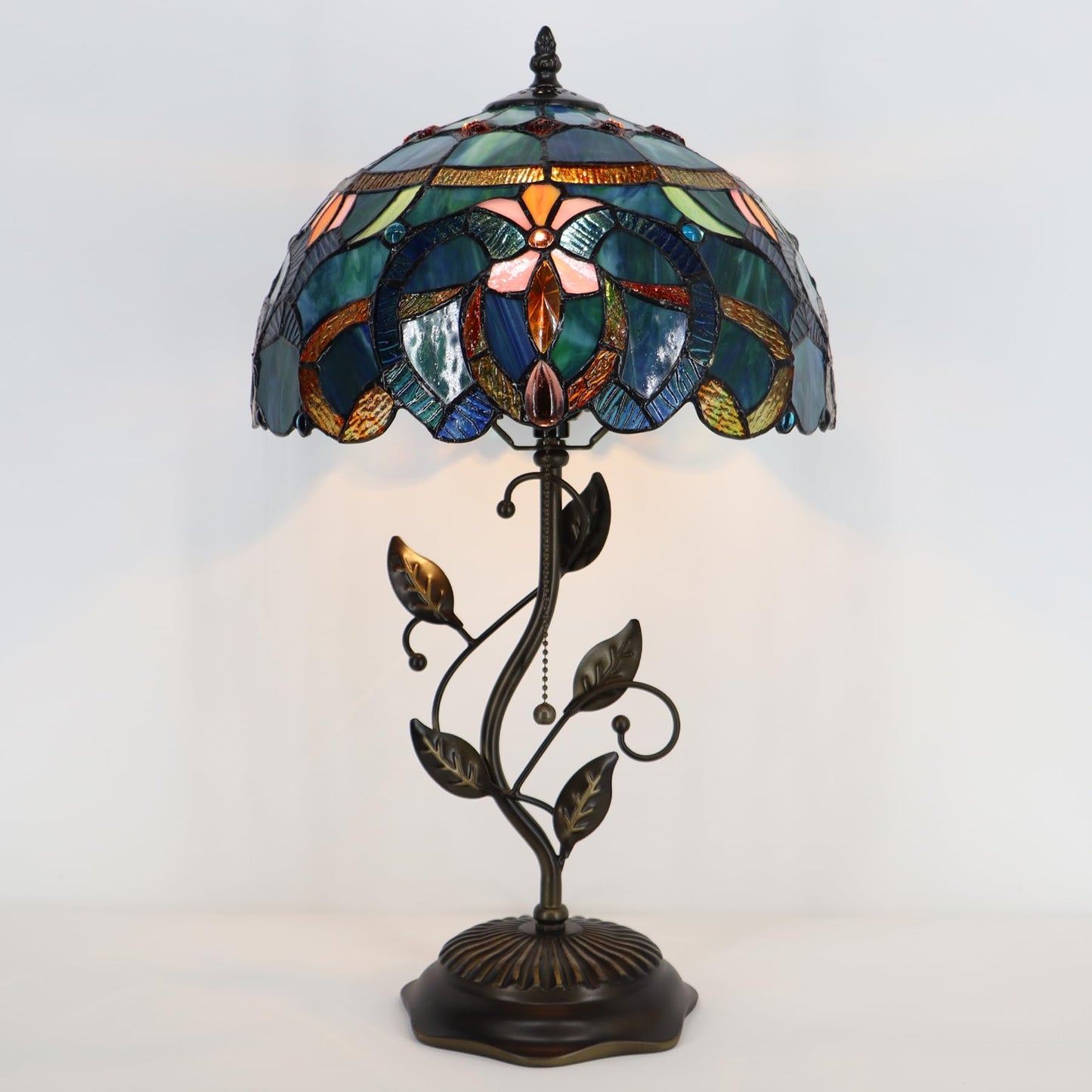 LXHCYOU Tiffany Table Lamp, Stained Glass Desk Light, W12H19 Inch, Metal Leaf Base (Blue Baroque Style)